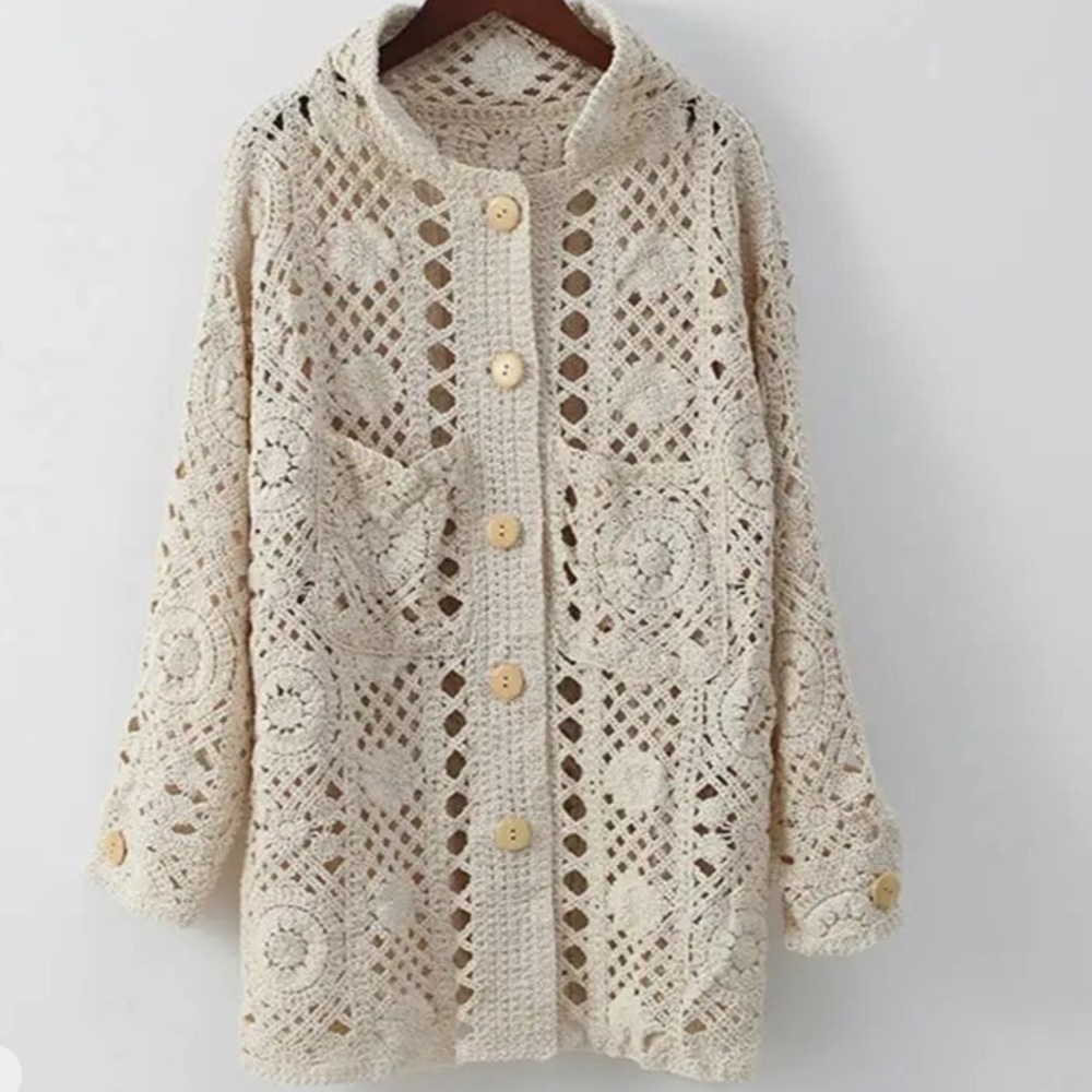 Boho Crochet Button Front Cardigan Cream Open Knit Beachy Oversized Sweater - Picture 5 of 12